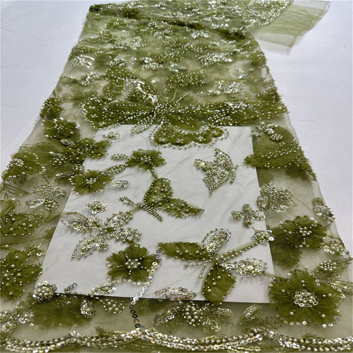 5 Yards Beaded Mesh Fabric, Beaded Tulle Lace Fabric with Beads, Pearls, 3D Flowers & Butterflies | Love in Lace | NO. HB047