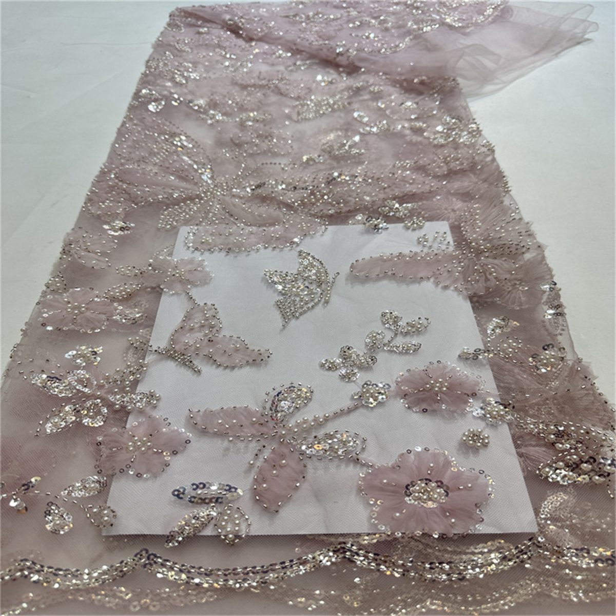 5 Yards Beaded Mesh Fabric, Beaded Tulle Lace Fabric with Beads, Pearls, 3D Flowers & Butterflies | Love in Lace | NO. HB047