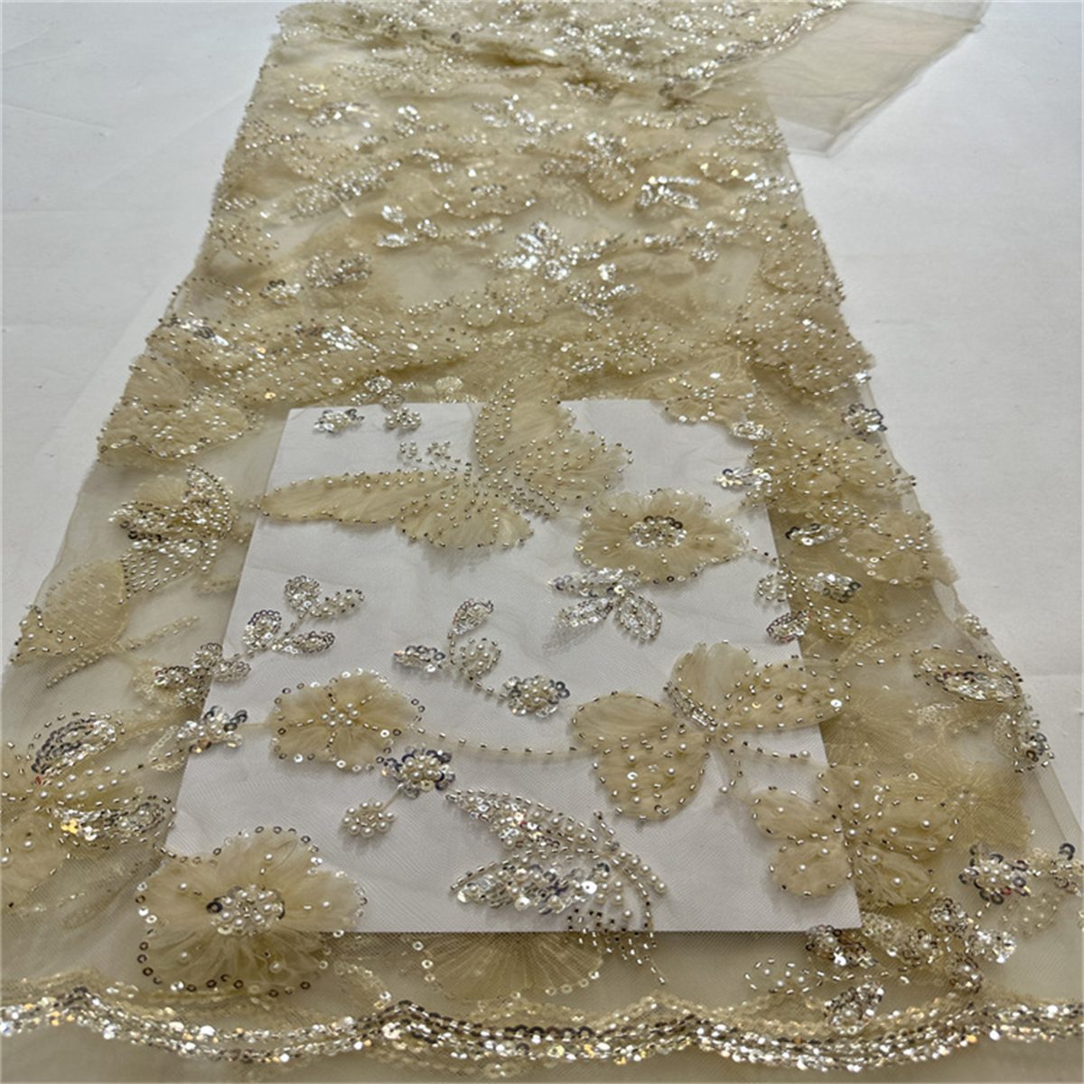 5 Yards Beaded Mesh Fabric, Beaded Tulle Lace Fabric with Beads, Pearls, 3D Flowers & Butterflies | Love in Lace | NO. HB047