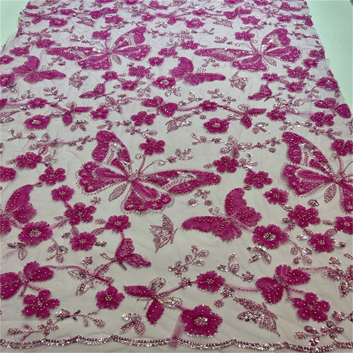5 Yards Beaded Mesh Fabric, Beaded Tulle Lace Fabric with Beads, Pearls, 3D Flowers & Butterflies | Love in Lace | NO. HB047