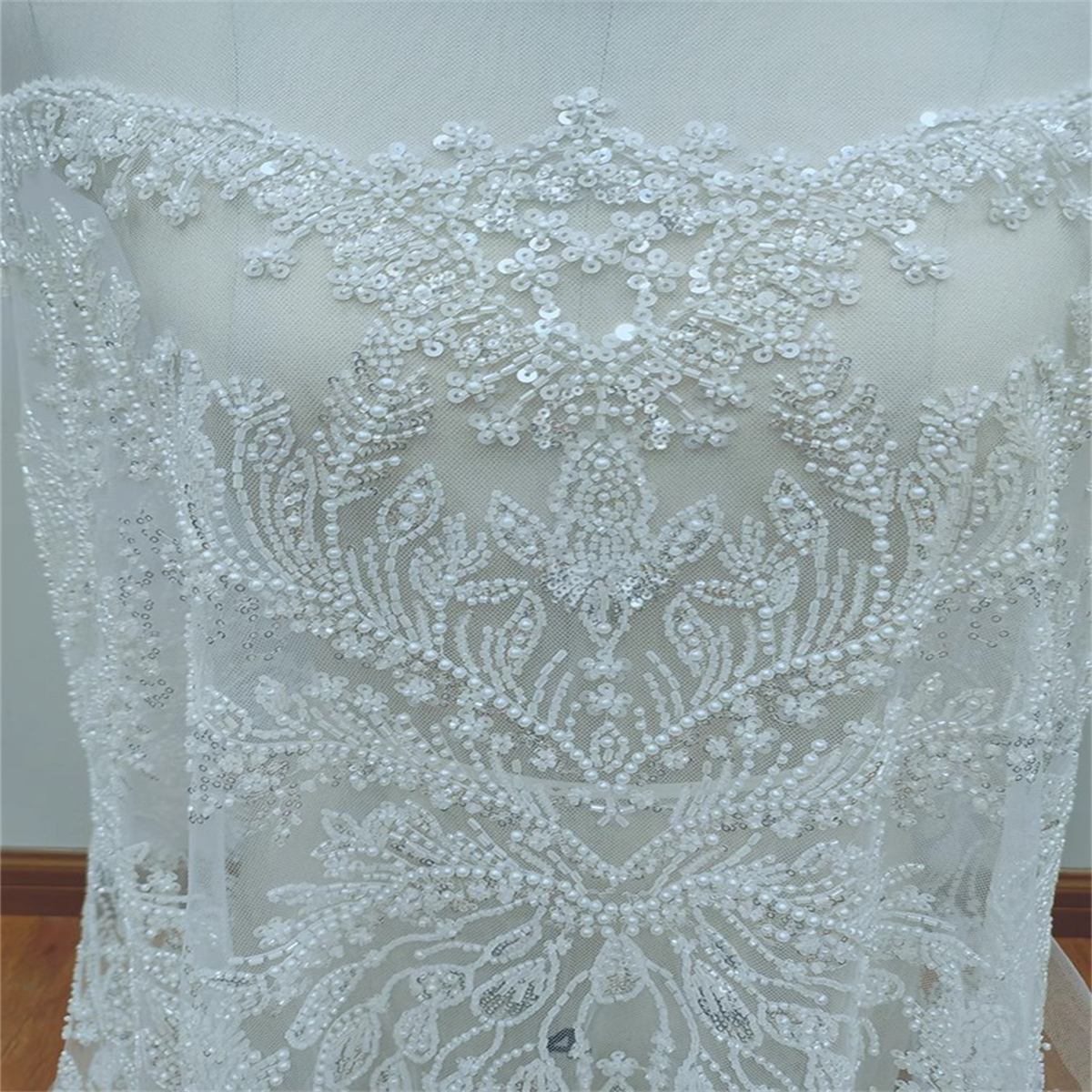 1 Yard Beaded Bridal Fabric, Beaded Wedding Lace Fabric, Beaded Tulle Fabric | Love in Lace | NO. RX087