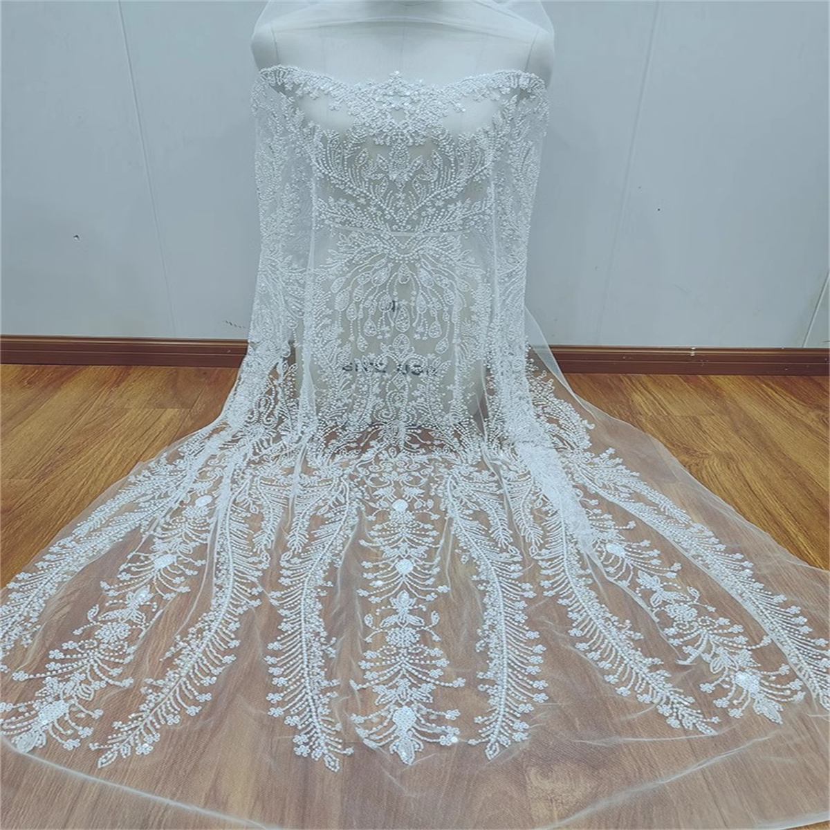 1 Yard Beaded Bridal Fabric, Beaded Wedding Lace Fabric, Beaded Tulle Fabric | Love in Lace | NO. RX087