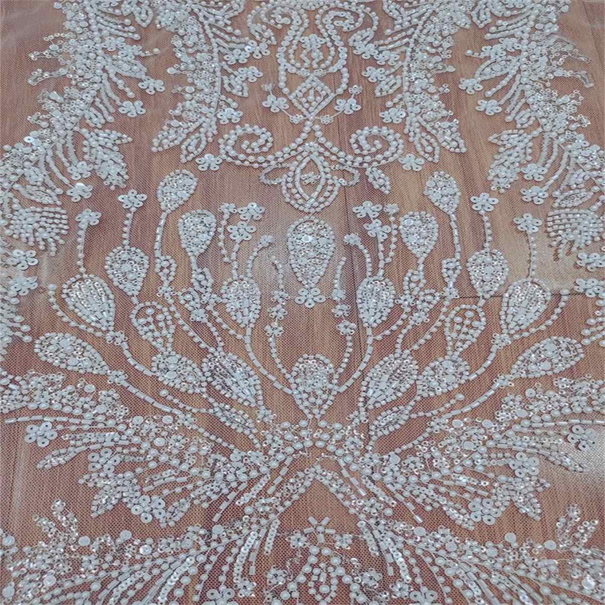 1 Yard Beaded Bridal Fabric, Beaded Wedding Lace Fabric, Beaded Tulle Fabric | Love in Lace | NO. RX087