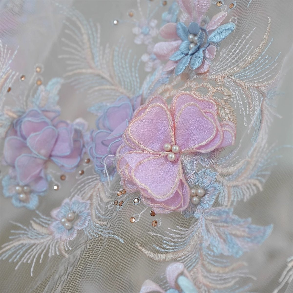 1 Piece 3D Floral Lace Applique, Embroidered Beaded Lace Applique with Beads, Pearls, 3D Flowers & Petals | Love in Lace | NO. JB067