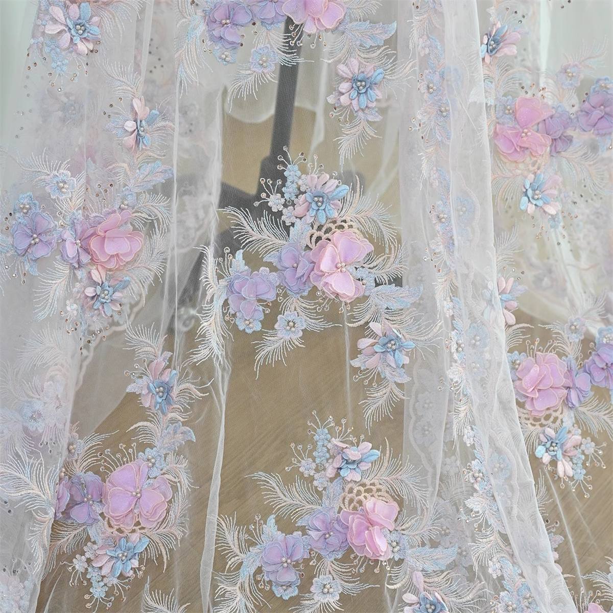 1 Piece 3D Floral Lace Applique, Embroidered Beaded Lace Applique with Beads, Pearls, 3D Flowers & Petals | Love in Lace | NO. JB067