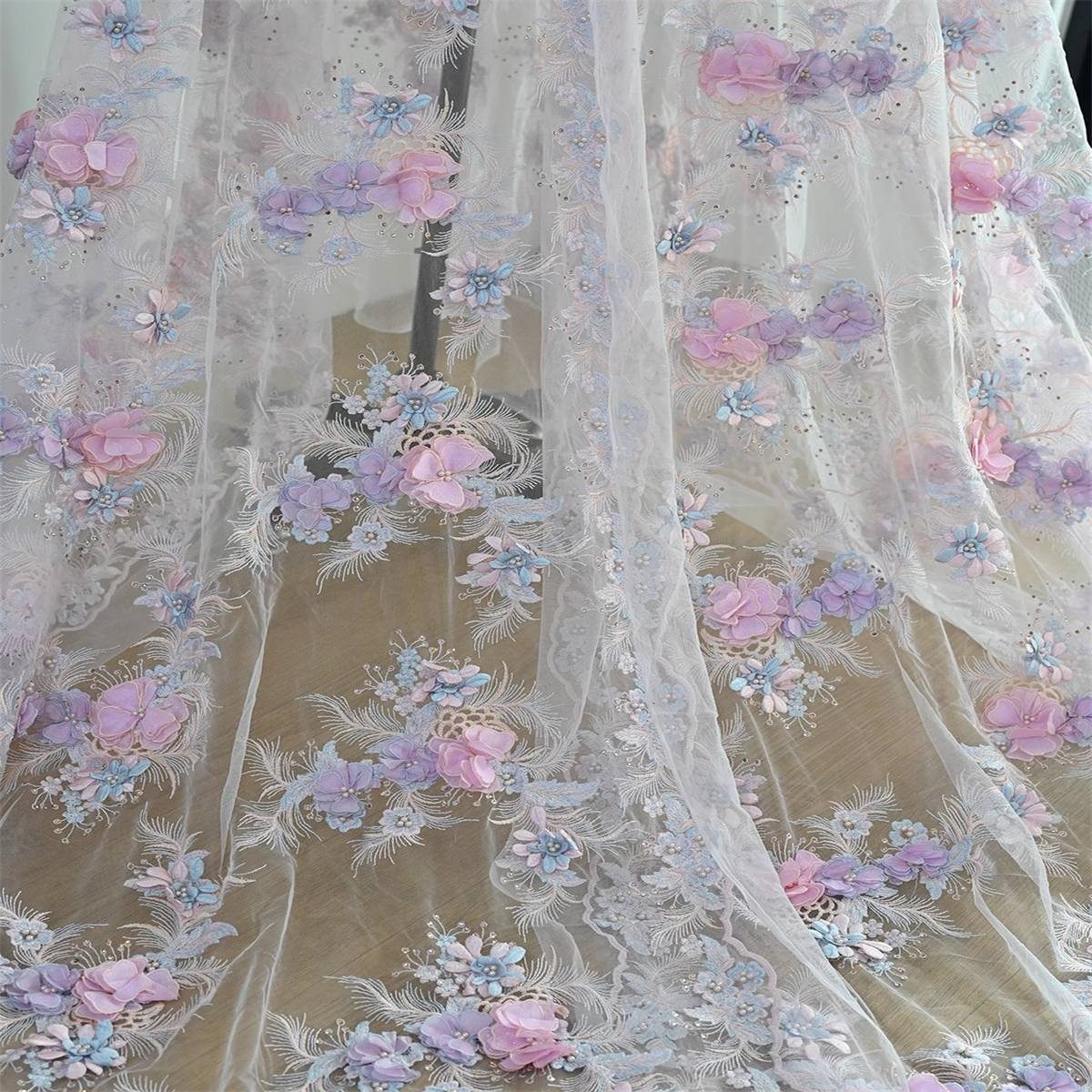 1 Piece 3D Floral Lace Applique, Embroidered Beaded Lace Applique with Beads, Pearls, 3D Flowers & Petals | Love in Lace | NO. JB067