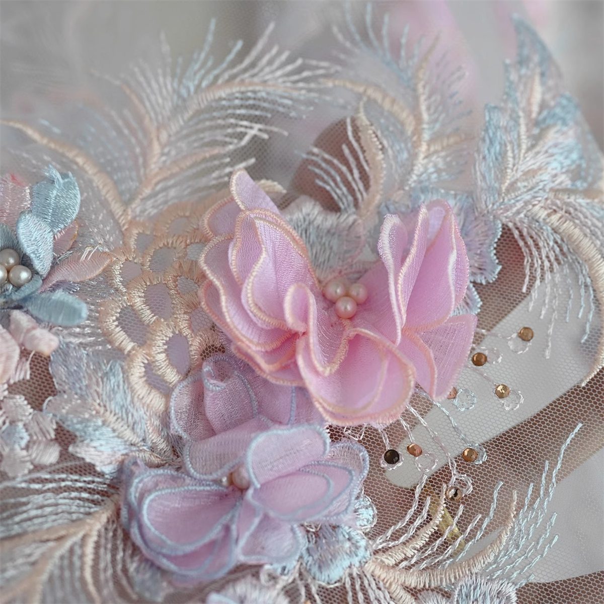1 Piece 3D Floral Lace Applique, Embroidered Beaded Lace Applique with Beads, Pearls, 3D Flowers & Petals | Love in Lace | NO. JB067