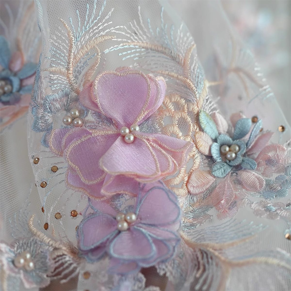 1 Piece 3D Floral Lace Applique, Embroidered Beaded Lace Applique with Beads, Pearls, 3D Flowers & Petals | Love in Lace | NO. JB067