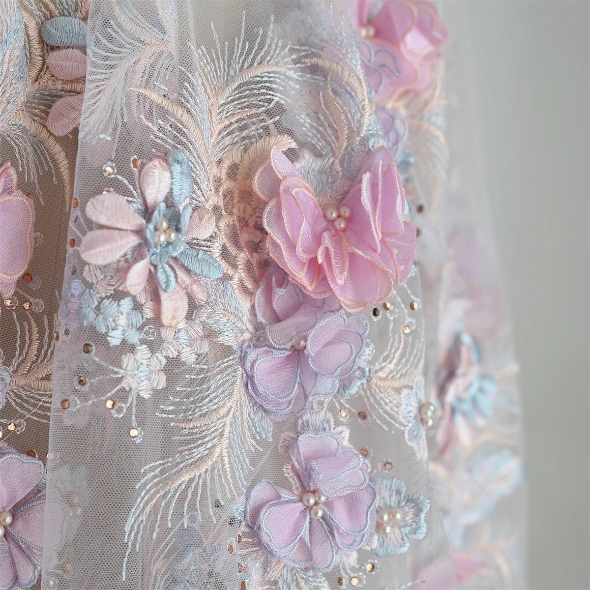 1 Piece 3D Floral Lace Applique, Embroidered Beaded Lace Applique with Beads, Pearls, 3D Flowers & Petals | Love in Lace | NO. JB067