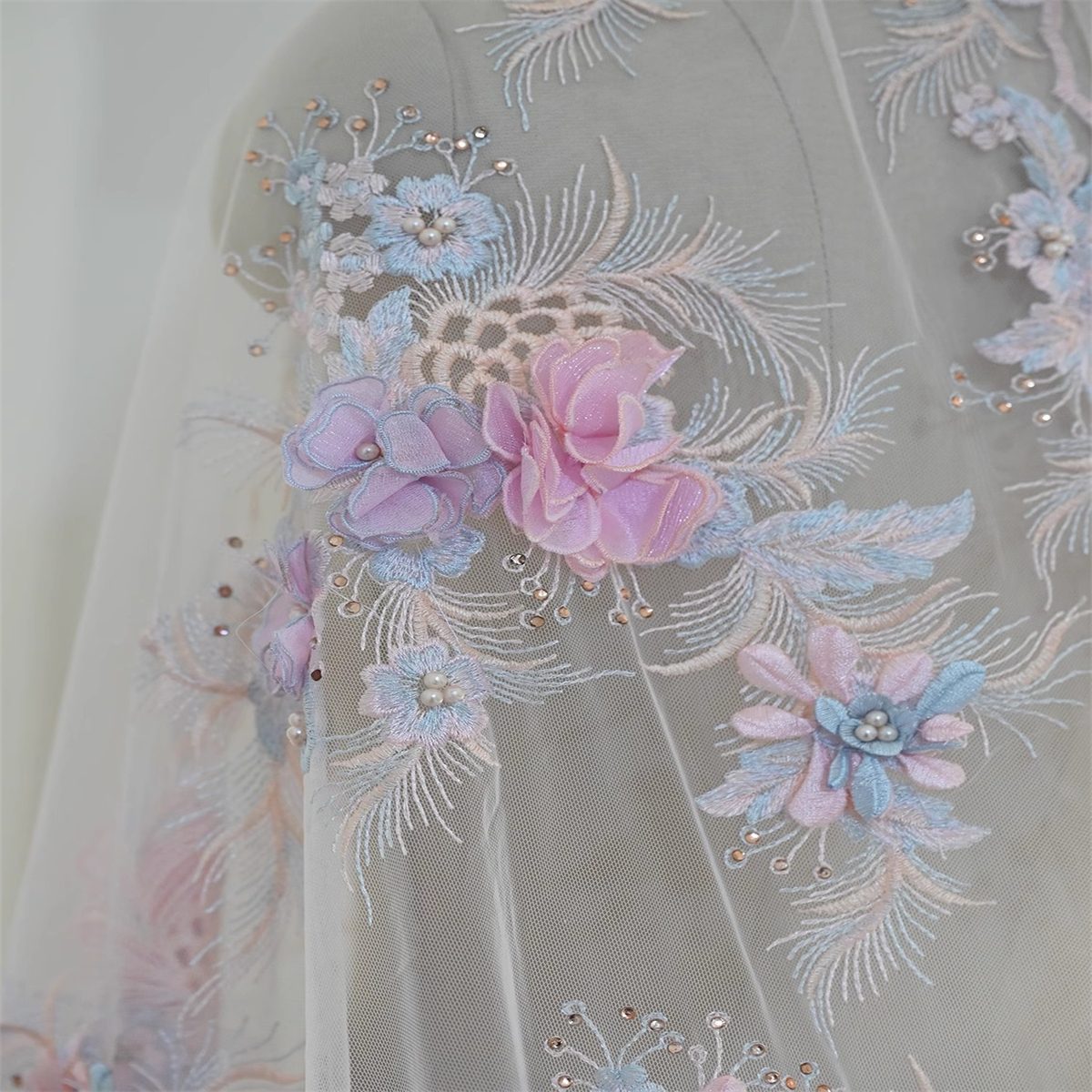 1 Piece 3D Floral Lace Applique, Embroidered Beaded Lace Applique with Beads, Pearls, 3D Flowers & Petals | Love in Lace | NO. JB067