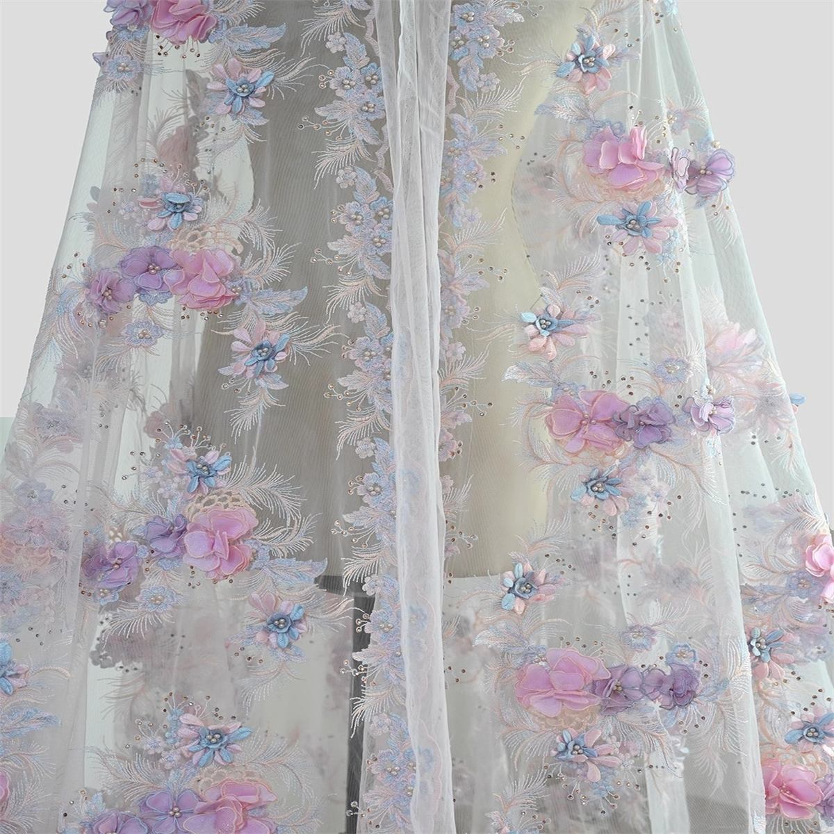 1 Piece 3D Floral Lace Applique, Embroidered Beaded Lace Applique with Beads, Pearls, 3D Flowers & Petals | Love in Lace | NO. JB067