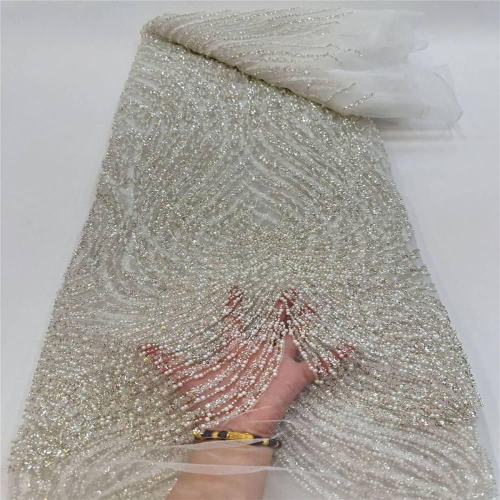 5 Yards Beaded Mesh Fabric, Beaded Tulle Lace Fabric with Beads, Pearls & Sequins | Love in Lace | NO. JJ017