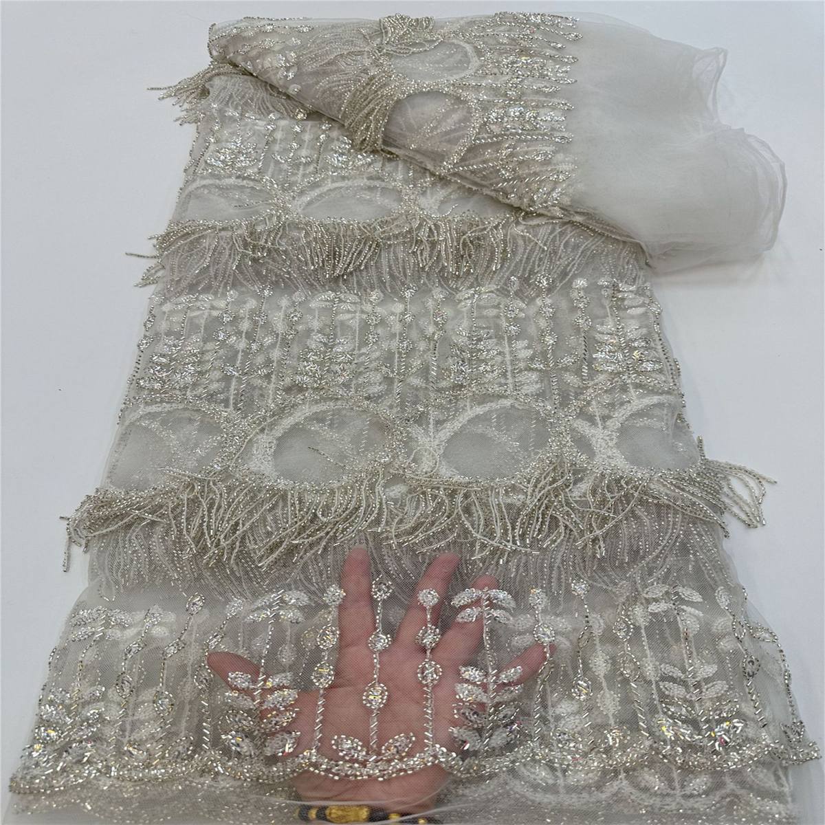 5 Yards Beaded Fringe Mesh Fabric, Beaded Tassel Tulle Lace Fabric with Beads & Sequins| Love in Lace | NO. JJ019