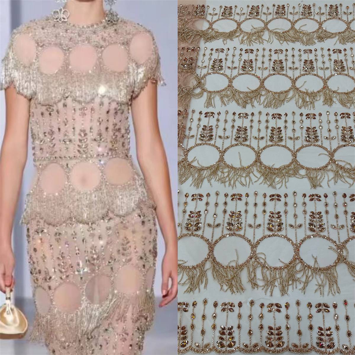 5 Yards Beaded Fringe Mesh Fabric, Beaded Tassel Tulle Lace Fabric with Beads & Sequins| Love in Lace | NO. JJ019