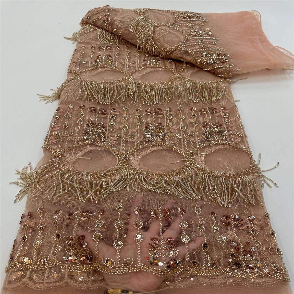 5 Yards Beaded Fringe Mesh Fabric, Beaded Tassel Tulle Lace Fabric with Beads & Sequins| Love in Lace | NO. JJ019