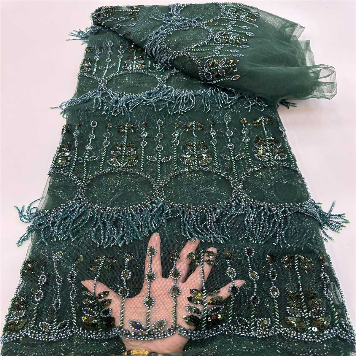 5 Yards Beaded Fringe Mesh Fabric, Beaded Tassel Tulle Lace Fabric with Beads & Sequins| Love in Lace | NO. JJ019