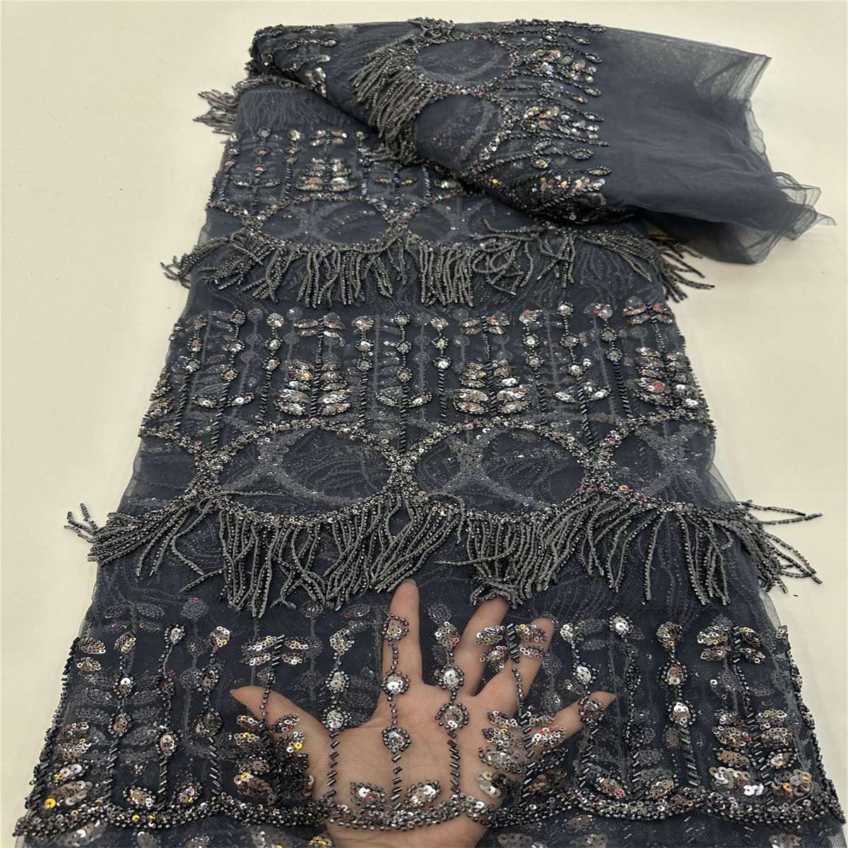 5 Yards Beaded Fringe Mesh Fabric, Beaded Tassel Tulle Lace Fabric with Beads & Sequins| Love in Lace | NO. JJ019