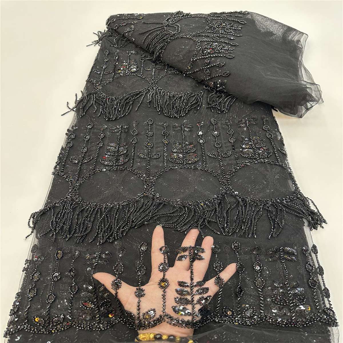 5 Yards Beaded Fringe Mesh Fabric, Beaded Tassel Tulle Lace Fabric with Beads & Sequins| Love in Lace | NO. JJ019