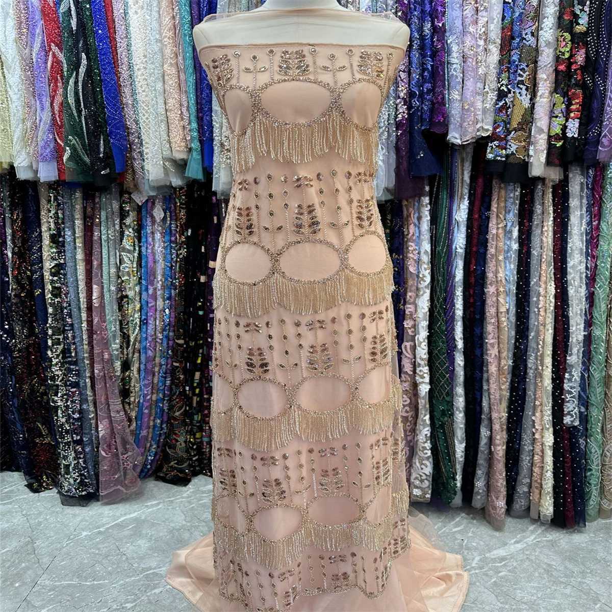 5 Yards Beaded Fringe Mesh Fabric, Beaded Tassel Tulle Lace Fabric with Beads & Sequins| Love in Lace | NO. JJ019