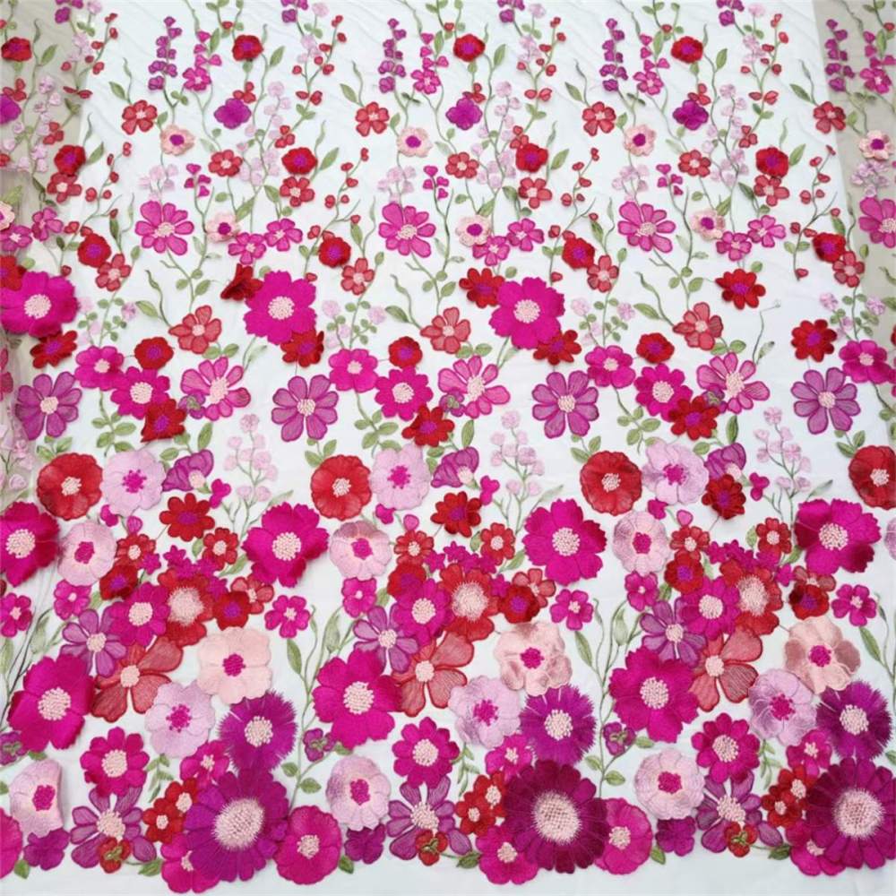 Multi-Coloured 3D Lace Flowers Embroidered Lace Fabric DB085