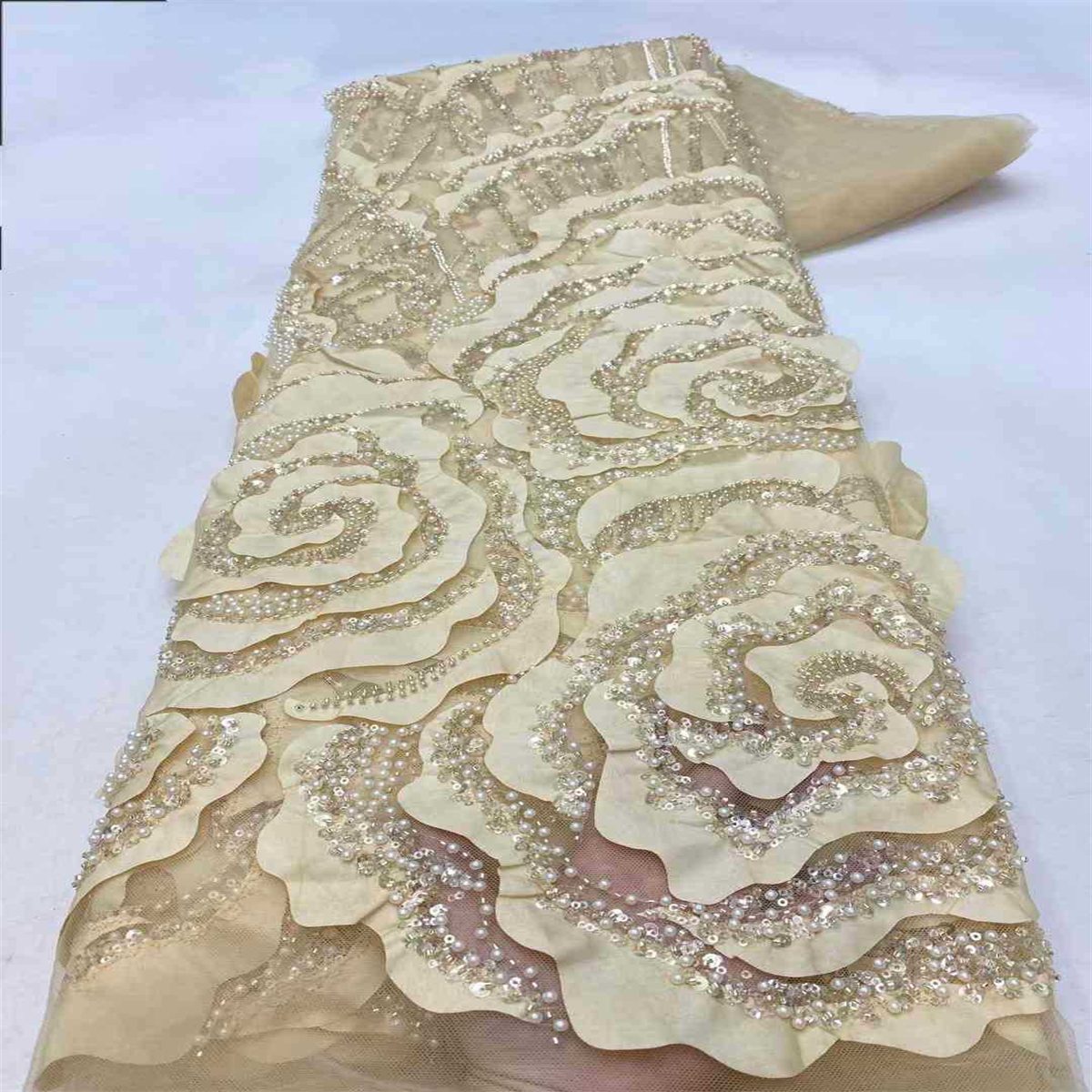 5 Yards 3D Floral Beaded Lace Fabric – Luxury Wedding Gown and Evening Dress Material