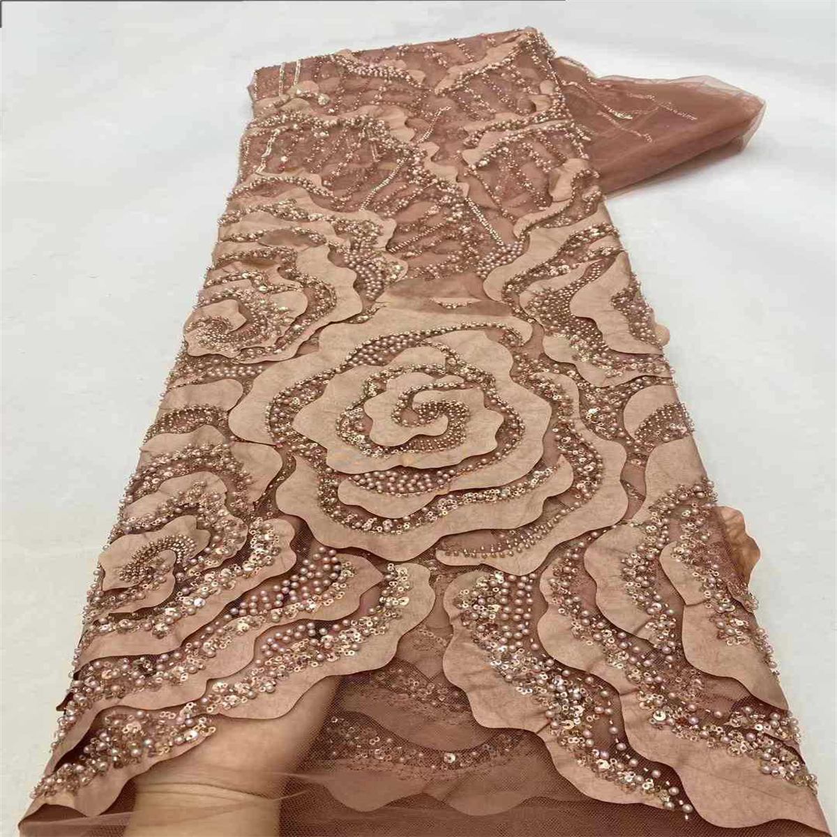 5 Yards 3D Floral Beaded Lace Fabric – Luxury Wedding Gown and Evening Dress Material
