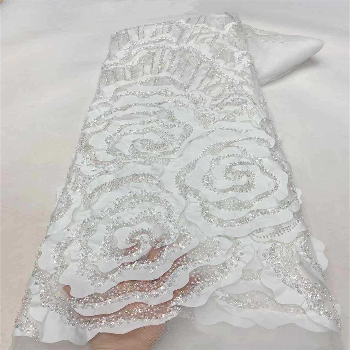 5 Yards 3D Floral Beaded Lace Fabric – Luxury Wedding Gown and Evening Dress Material