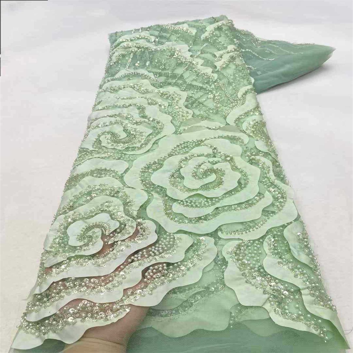 5 Yards 3D Floral Beaded Lace Fabric – Luxury Wedding Gown and Evening Dress Material