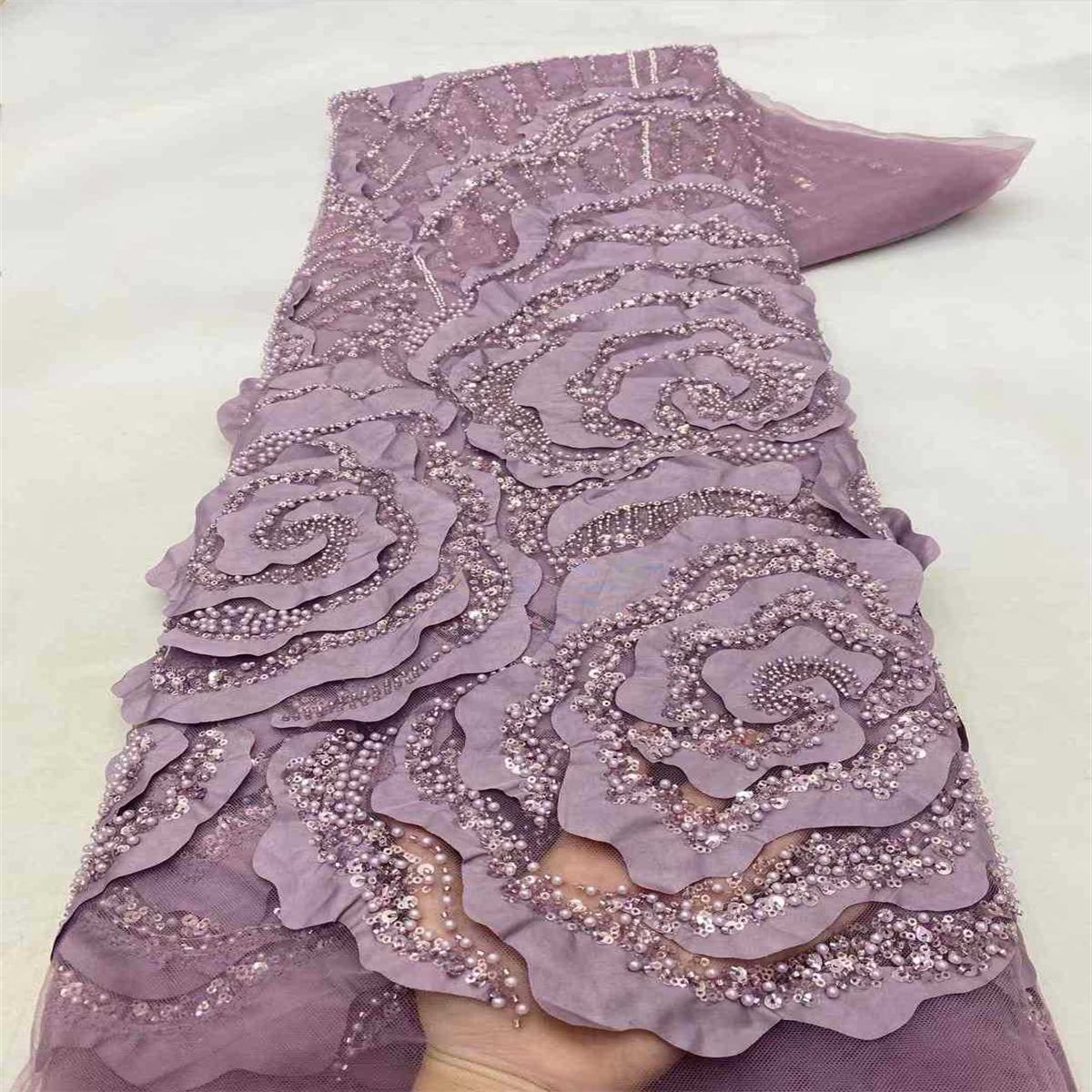5 Yards 3D Floral Beaded Lace Fabric – Luxury Wedding Gown and Evening Dress Material