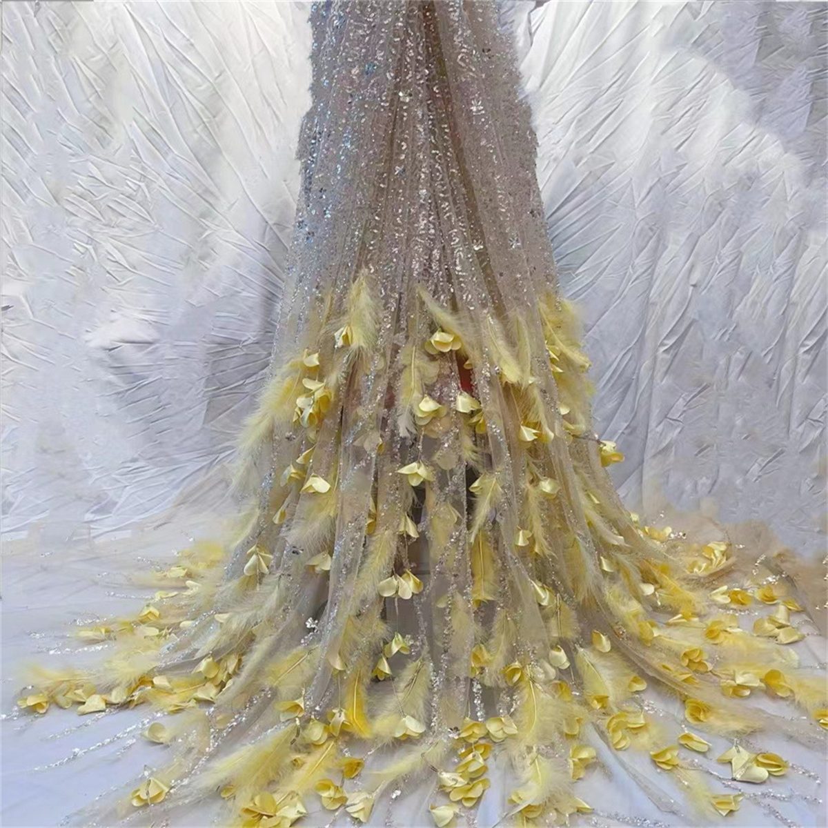 5 Yards Beaded Feather Fabric, Beaded Mesh Fabric, Beaded Tulle Lace Fabric for Dresses & Gowns | Love in Lace | NO. JX308
