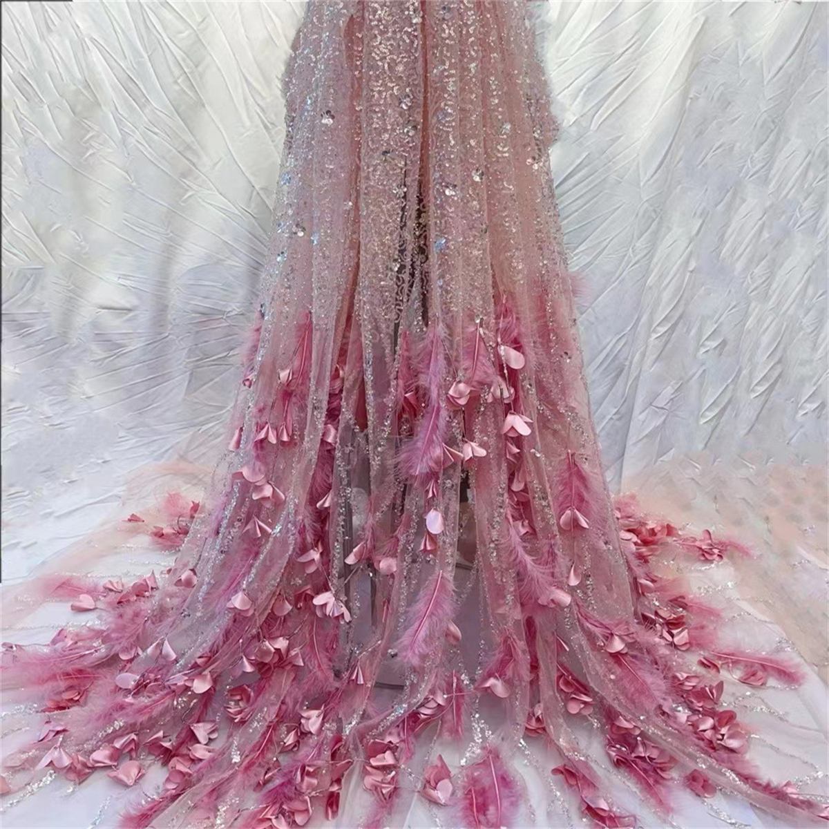 5 Yards Beaded Feather Fabric, Beaded Mesh Fabric, Beaded Tulle Lace Fabric for Dresses & Gowns | Love in Lace | NO. JX308
