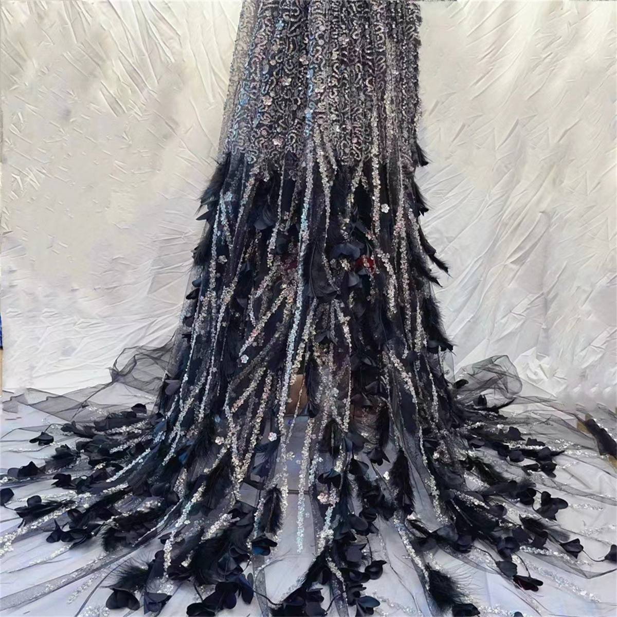5 Yards Beaded Feather Fabric, Beaded Mesh Fabric, Beaded Tulle Lace Fabric for Dresses & Gowns | Love in Lace | NO. JX308