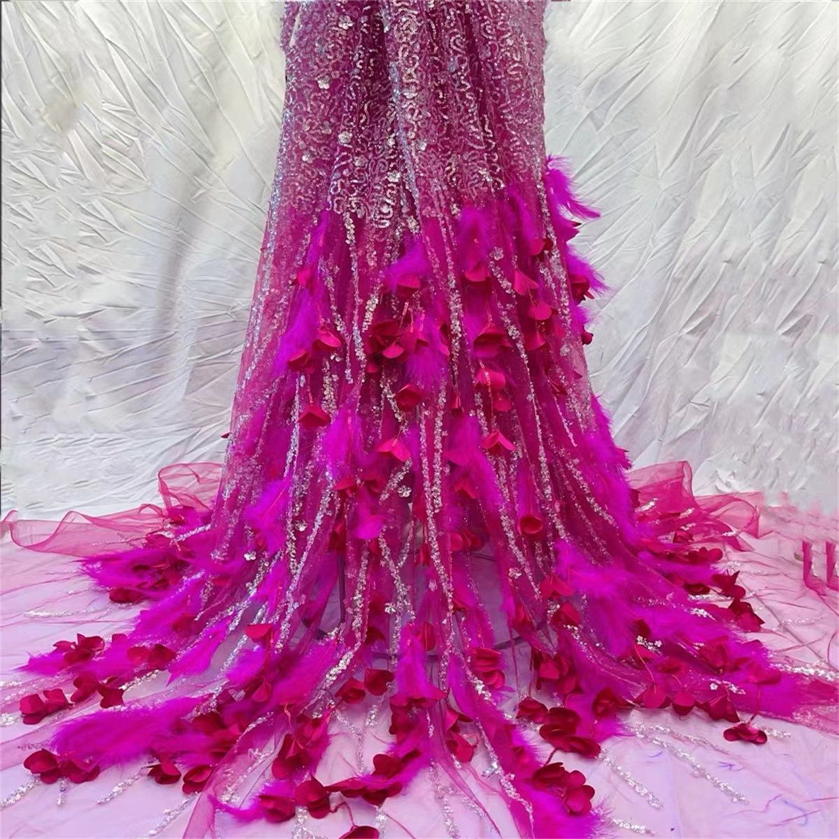 5 Yards Beaded Feather Fabric, Beaded Mesh Fabric, Beaded Tulle Lace Fabric for Dresses & Gowns | Love in Lace | NO. JX308