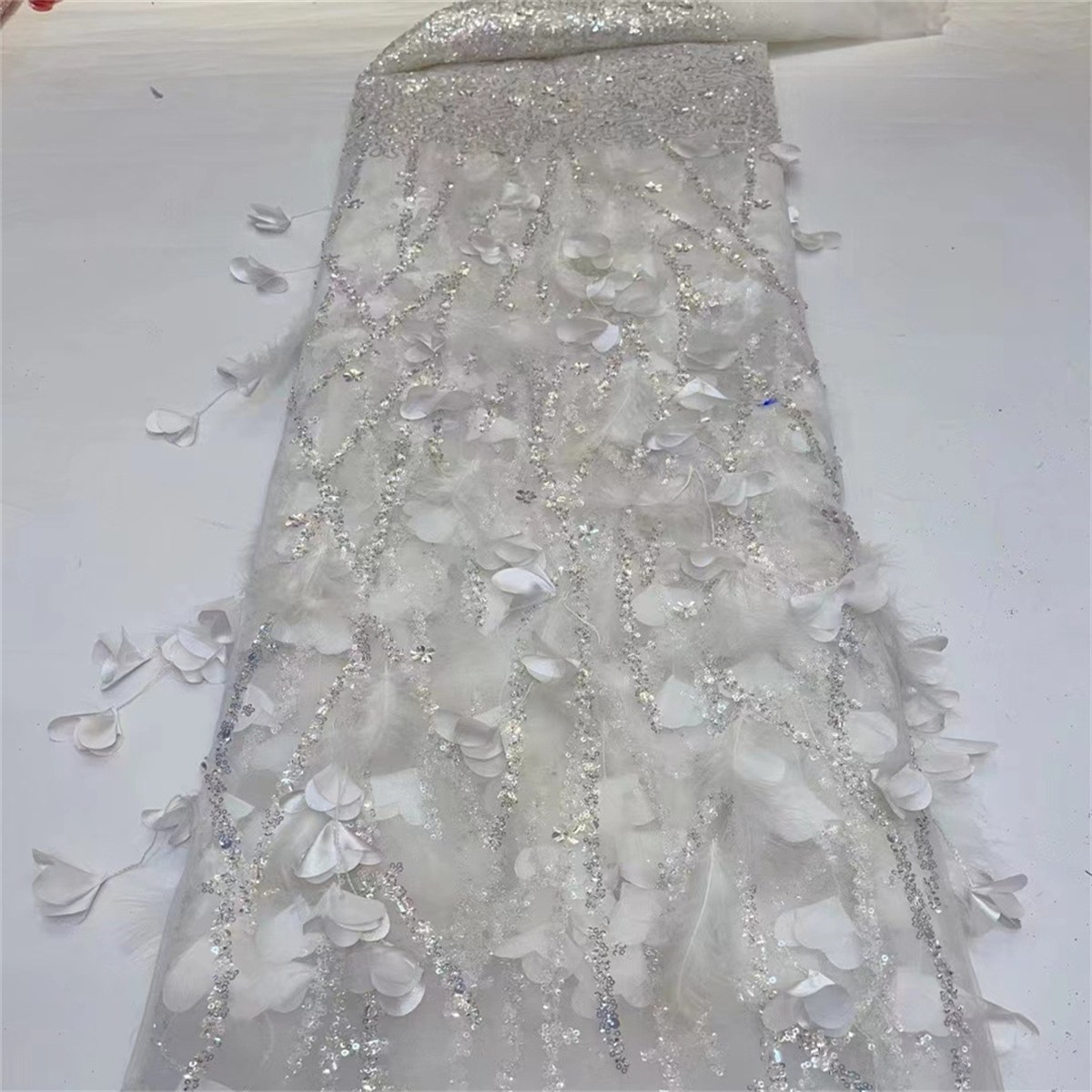 5 Yards Beaded Feather Fabric, Beaded Mesh Fabric, Beaded Tulle Lace Fabric for Dresses & Gowns | Love in Lace | NO. JX308