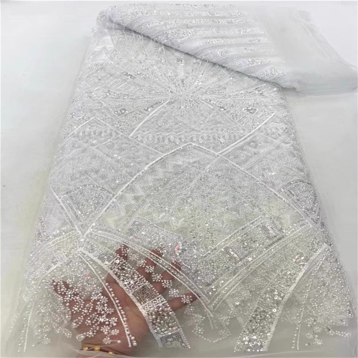 5 Yards Beaded Lace Fabric – Luxury Wedding Gown and Evening Dress Material