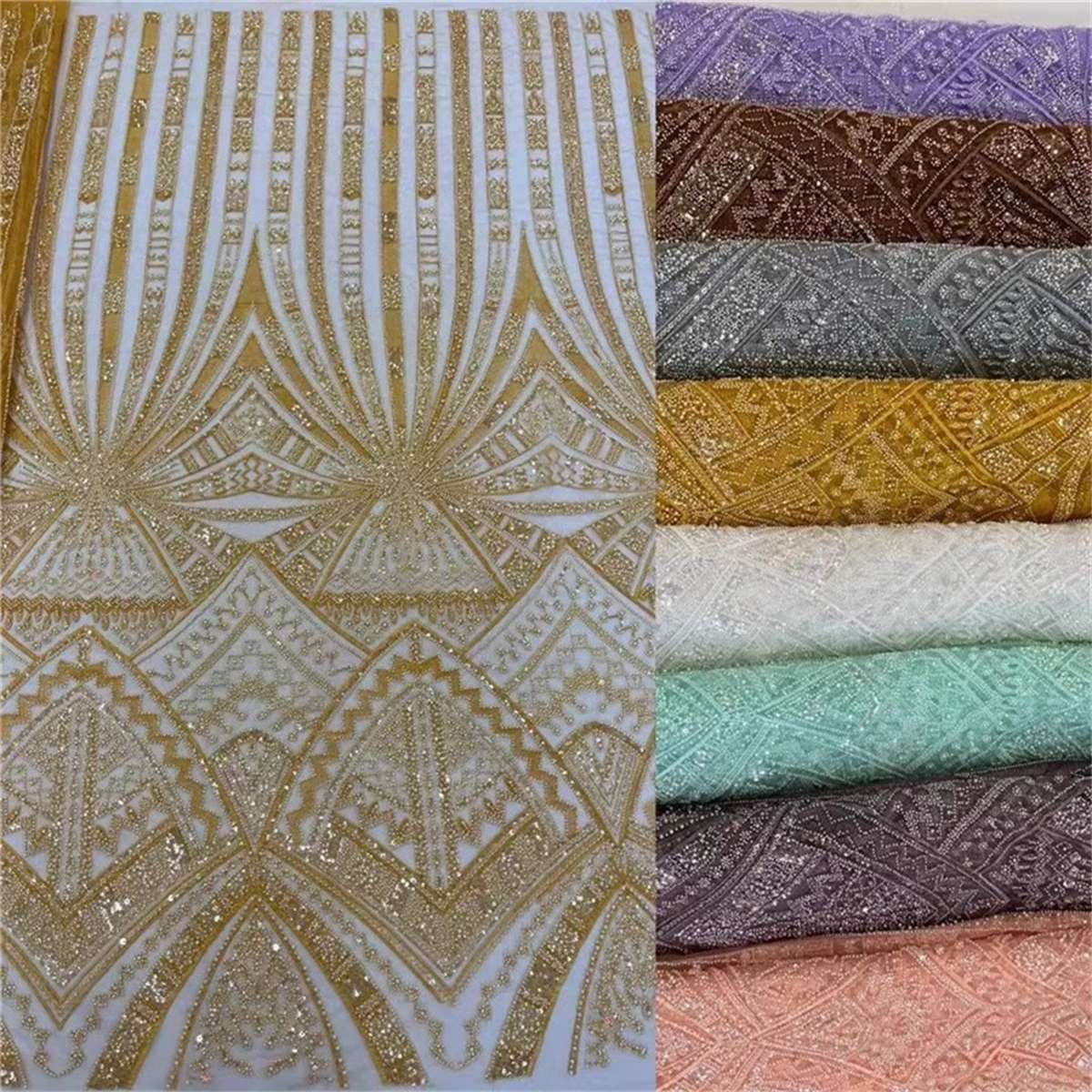 5 Yards Beaded Lace Fabric – Luxury Wedding Gown and Evening Dress Material