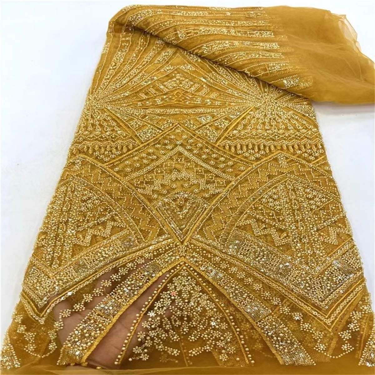5 Yards Beaded Lace Fabric – Luxury Wedding Gown and Evening Dress Material