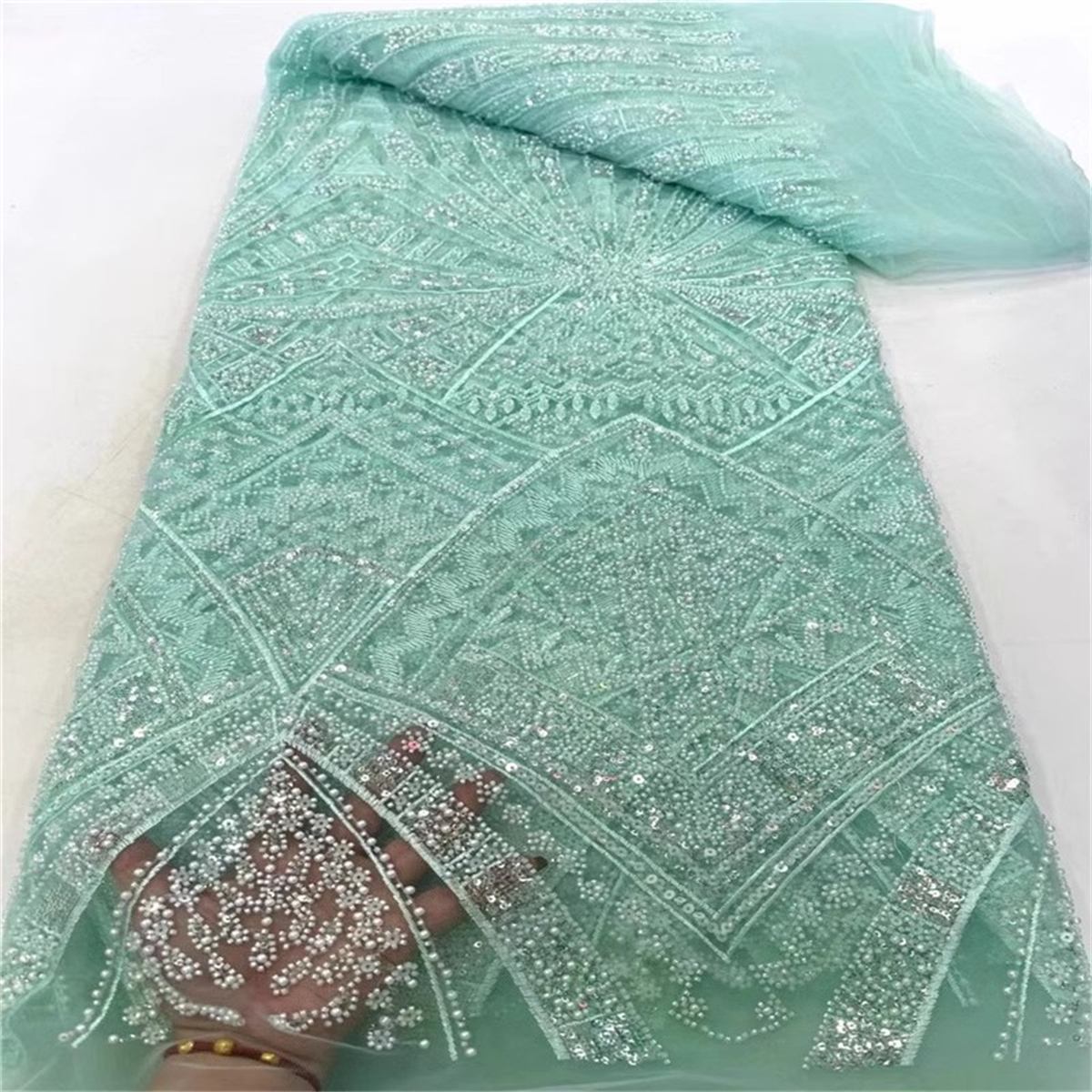 5 Yards Beaded Lace Fabric – Luxury Wedding Gown and Evening Dress Material