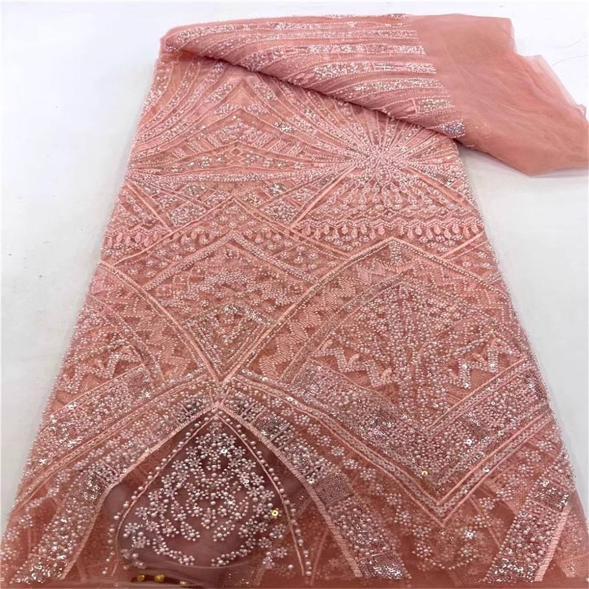 5 Yards Beaded Lace Fabric – Luxury Wedding Gown and Evening Dress Material