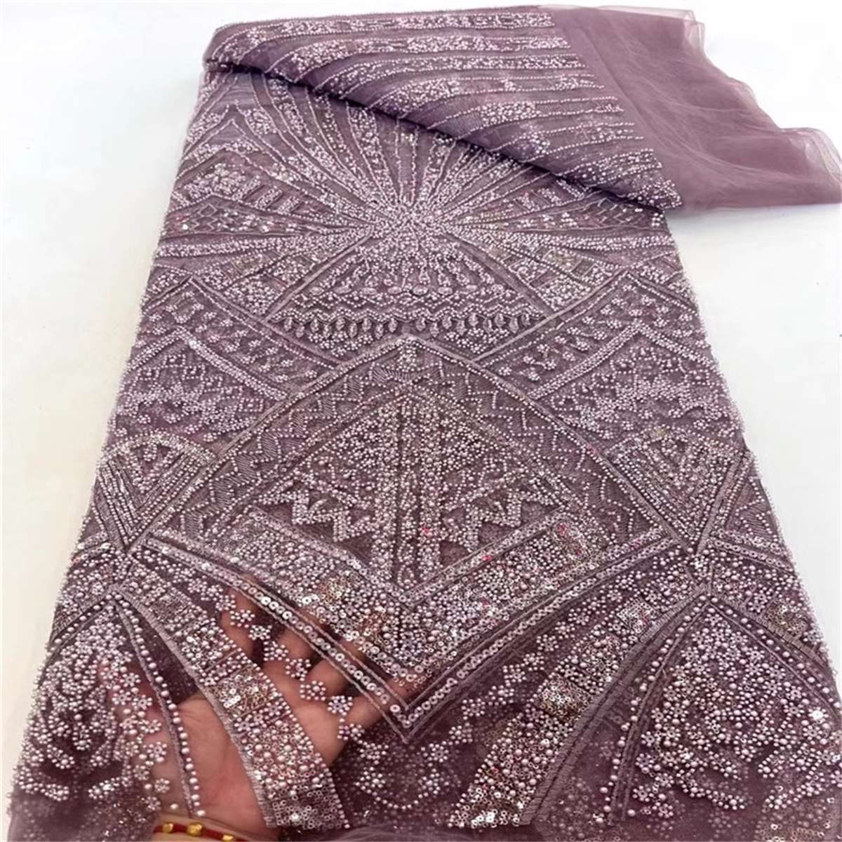 5 Yards Beaded Lace Fabric – Luxury Wedding Gown and Evening Dress Material