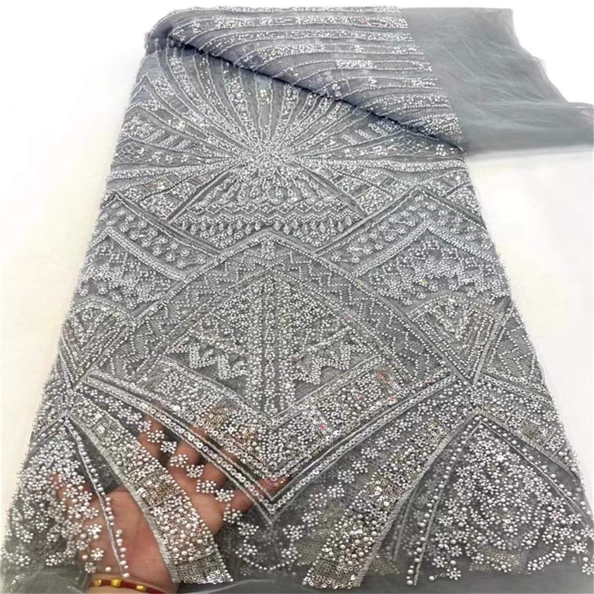 5 Yards Beaded Lace Fabric – Luxury Wedding Gown and Evening Dress Material