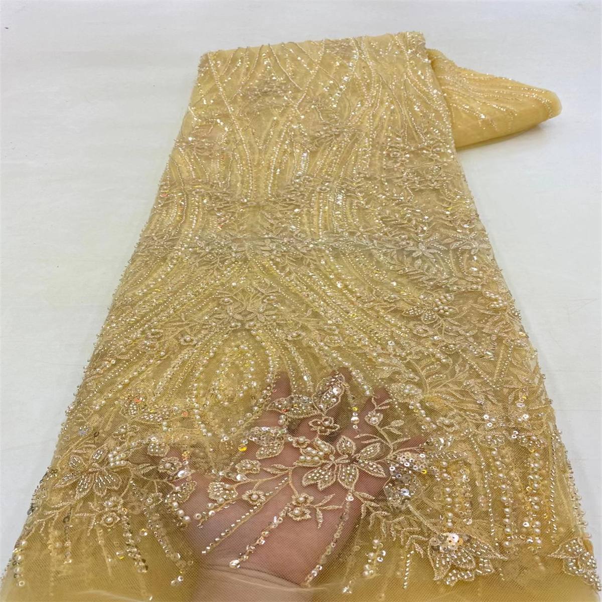 5 Yards Beaded Lace Fabric For Dresses