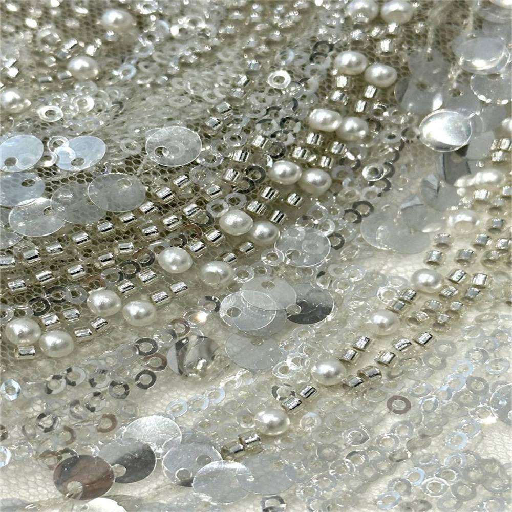 5 Yards Beaded Mesh Fabric, Beaded Tulle Fabric with Beads, Pearls & Sequins | Love in Lace | NO. PFS049