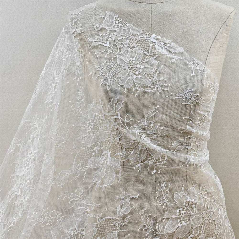 1 Yard Chantilly Lace Fabric, Sequined French Lace Fabric for Dresses & Gowns | Love in Lace | NO. JS030