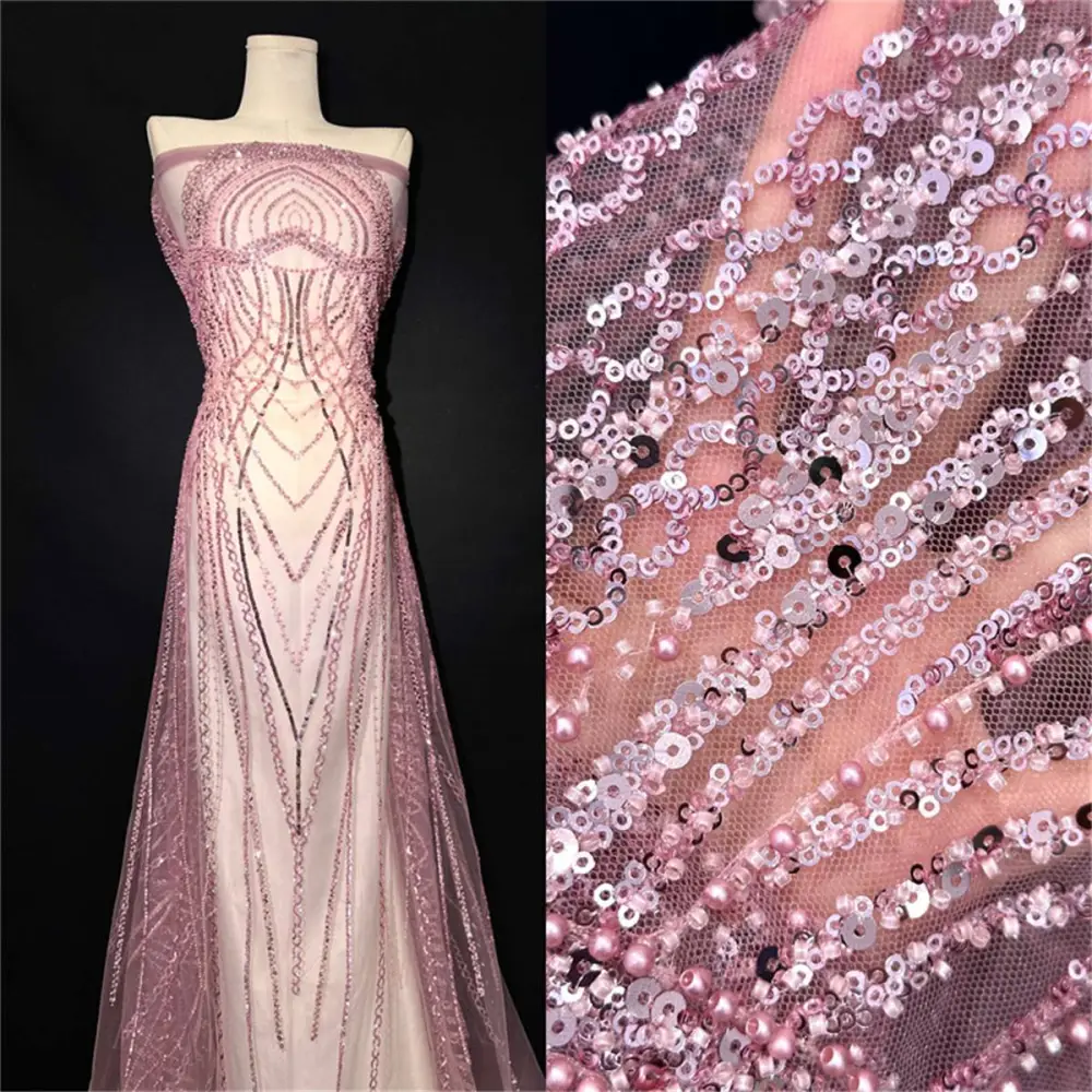 beaded dress material Peach Bridal Beaded Mesh Lace with Sequin Fabric -IceFabrics