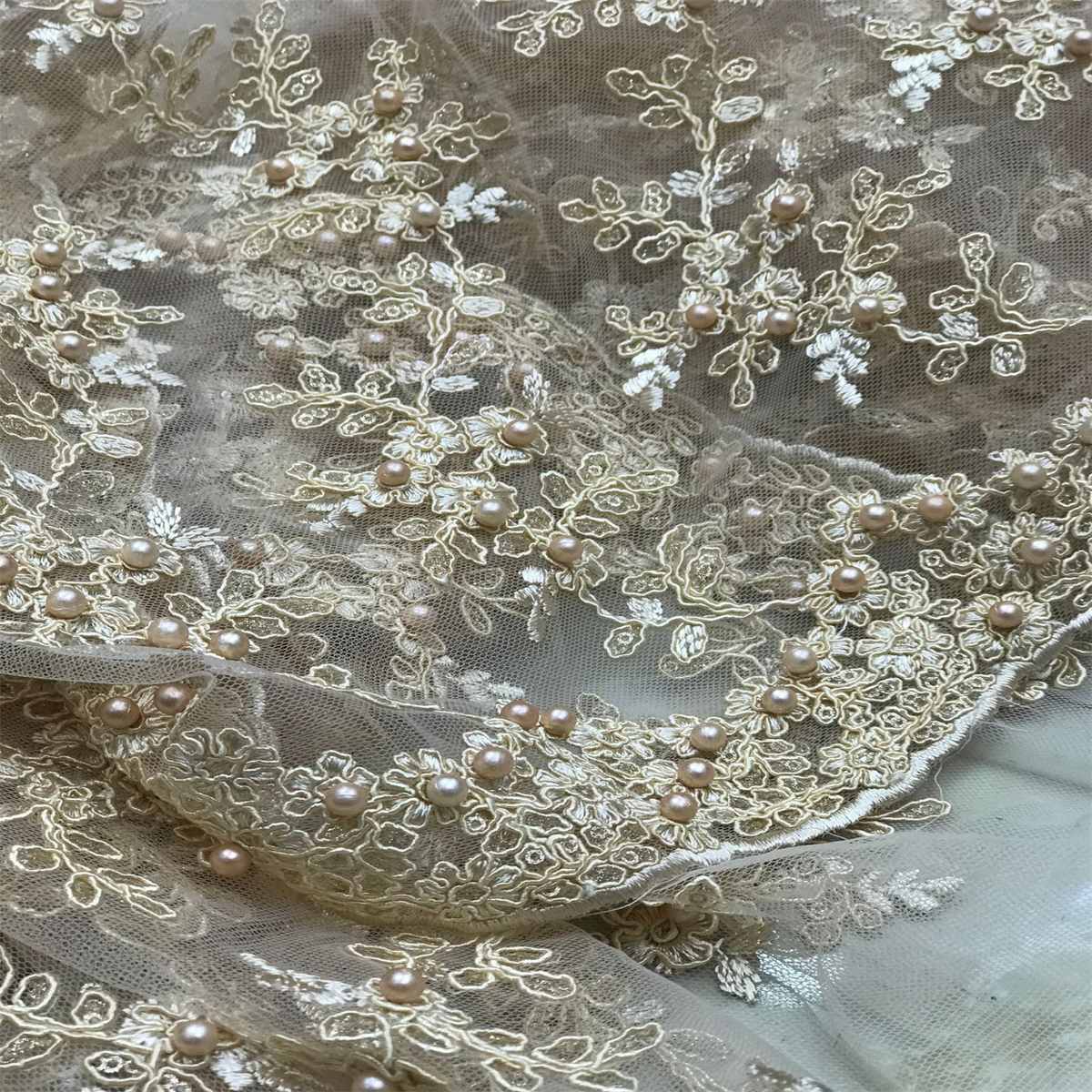 1 Yard Corded Sequined Pearls Beaded Embroidered Lace Material Fabric