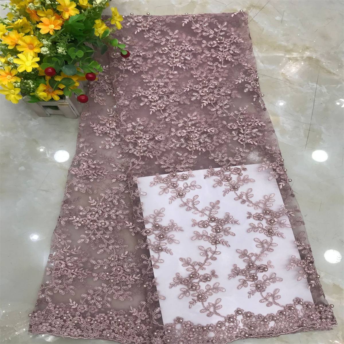 1 Yard Corded Sequined Pearls Beaded Embroidered Lace Material Fabric