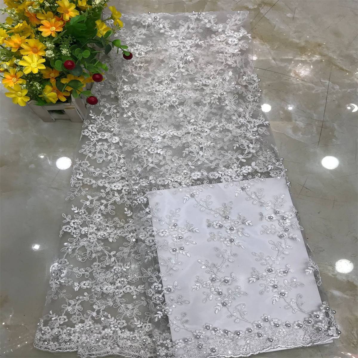 1 Yard Corded Sequined Pearls Beaded Embroidered Lace Material Fabric