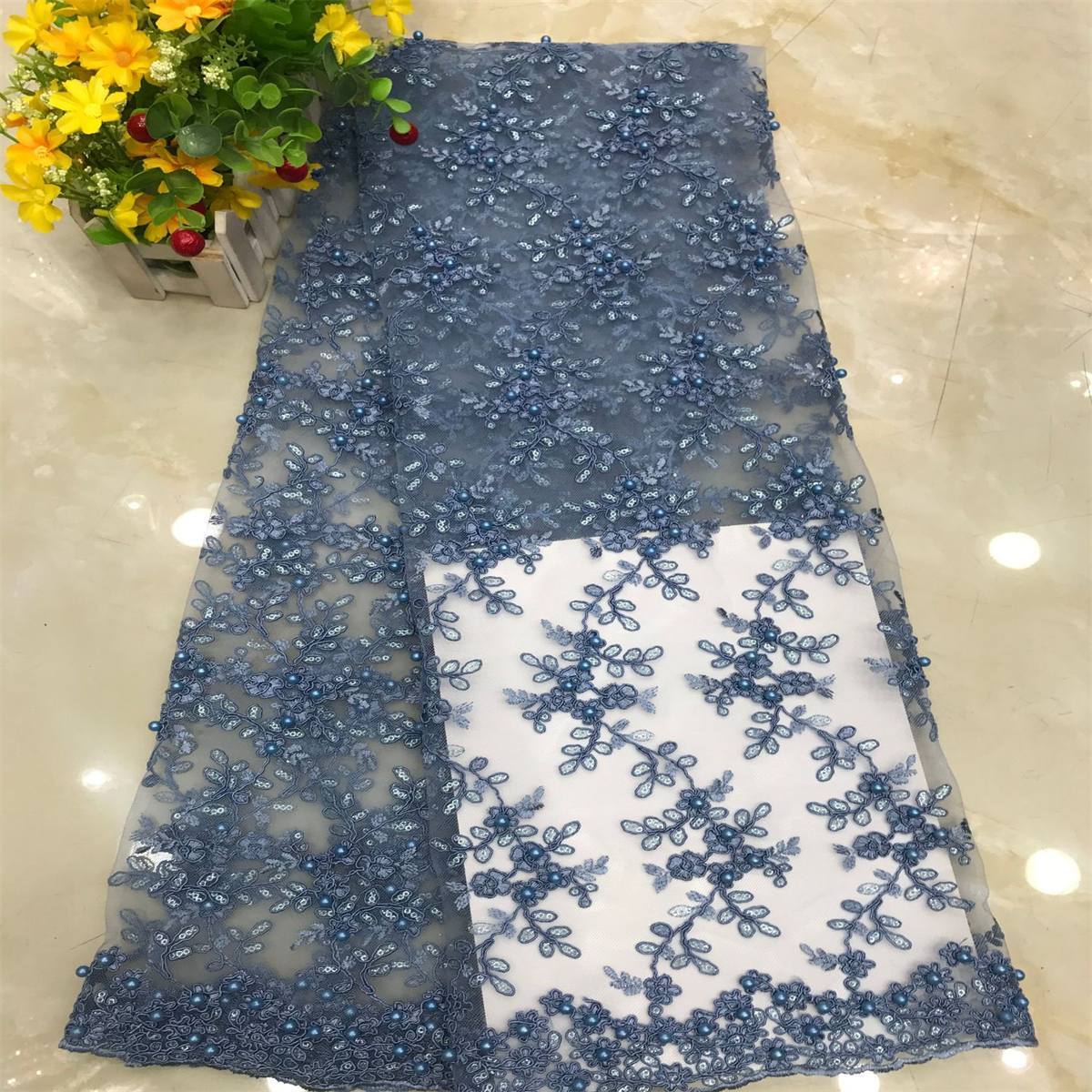 1 Yard Corded Sequined Pearls Beaded Embroidered Lace Material Fabric