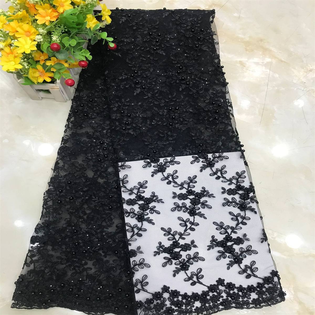 1 Yard Corded Sequined Pearls Beaded Embroidered Lace Material Fabric